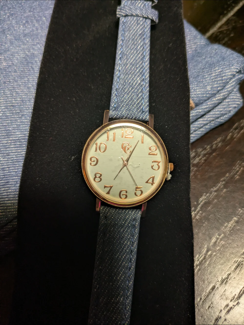Gold Coast Denim Handbag Bag And Matching Watch - Blue with Brown Trim